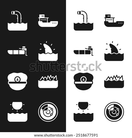 Set Shark fin in ocean wave, Inflatable boat with motor, Periscope, Cargo ship, Captain hat, Sharp stone reefs, Radar targets and Sun icon. Vector