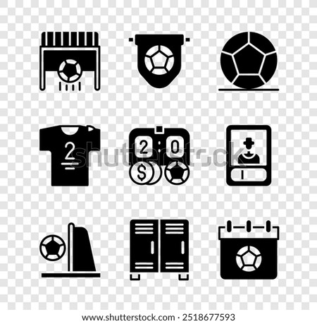 Set Football goal with ball, flag pennant, Soccer football, Locker or changing room, soccer calendar, jersey and t-shirt and betting money icon. Vector