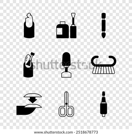 Set Broken nail, Bottle of polish, Cuticle pusher, False nails, Nail scissors, Milling cutter for manicure,  and  icon. Vector