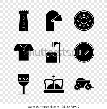 Set Castle tower, Medieval iron helmet, Round wooden shield, goblet, King crown, Wooden four-wheel cart, Body armor and Executioner axe tree block icon. Vector