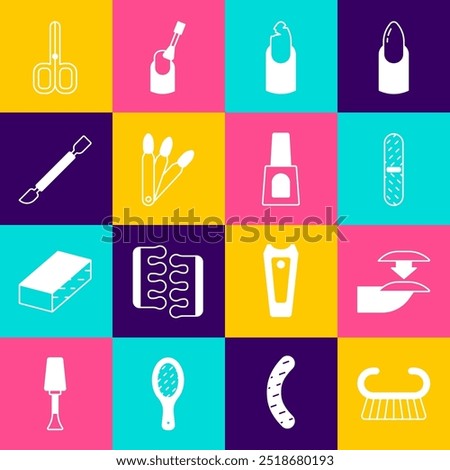 Set Pedicure brush or grater, False nails, Nail file, Broken, Cuticle pusher, scissors and Bottle of polish icon. Vector