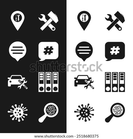 Set Hashtag speech bubble, Speech chat, Location service, Crossed hammer and wrench, Car, Office folders, Microorganisms under magnifier and Bacteria icon. Vector