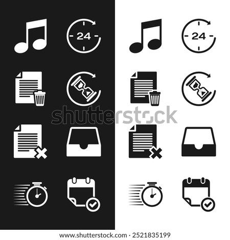 Set Waiting, Delete file document, Music note, tone, Clock 24 hours,  and Social media inbox icon. Vector