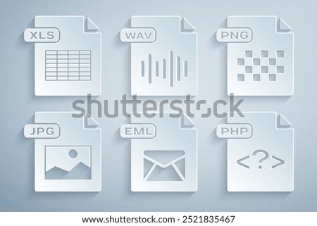 Set EML file document, PNG, JPG, PHP, WAV and XLS icon. Vector