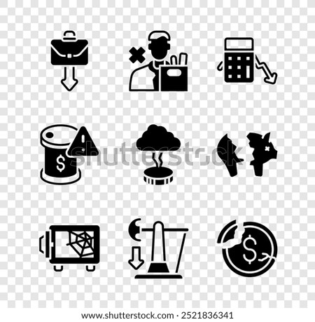 Set Briefcase, Employee dismissal, Calculation of expenses, Safe, Drop in crude oil price, Dollar rate decrease,  and Storm icon. Vector