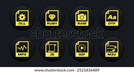 Set MP3 file document, OTF, JS, GIF, RAW and RUBY icon. Vector