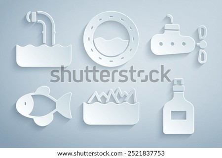 Set Sharp stone reefs, Submarine, Fish, Rum bottle, Ship porthole and Periscope icon. Vector