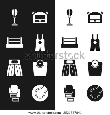 Set Wrestling singlet, Boxing ring, Punching bag, Stopwatch, short, Bathroom scales, Tennis ball and glove icon. Vector