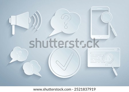 Set Check mark in circle, Mobile phone diagnostics, Question and Exclamation, System bug concept, Speech bubble and Megaphone icon. Vector