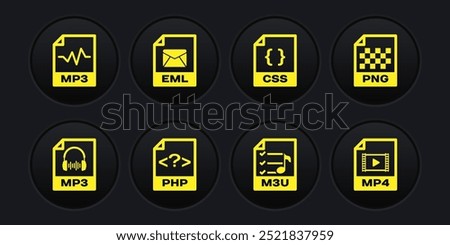 Set MP3 file document, PNG, PHP, M3U, CSS and EML icon. Vector