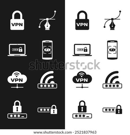 Set Mobile and eye scan, Laptop with password, Lock VPN, Bezier curve, Network cloud connection and Wifi locked icon. Vector