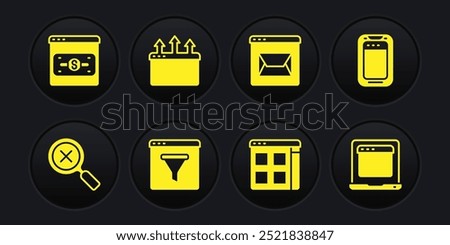 Set Magnifying glass and delete, Mobile phone, Browser window, files, Website mail, Laptop with browser and Online shopping screen icon. Vector