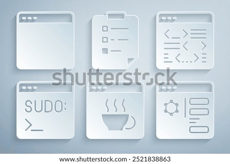 Set Software, Code terminal, Browser setting, Clipboard with checklist and window icon. Vector