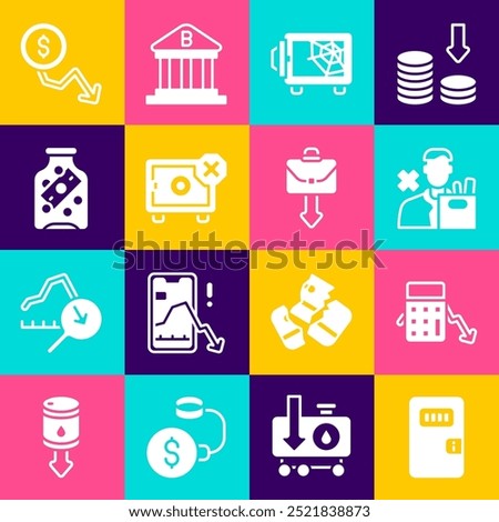 Set Prison cell door, Calculation of expenses, Employee dismissal, Safe, Glass money jar with coin, Dollar rate decrease and Briefcase icon. Vector