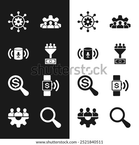 Set Lead management, Voice assistant, Project, team base, Magnifying glass and dollar and Contactless payment icon. Vector