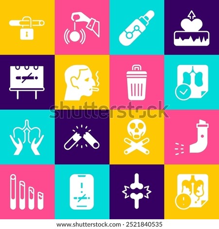 Set Disease lungs, Inhaler, Lungs x-ray diagnostics, Electronic cigarette, Man smoking, No,  and Trash can icon. Vector