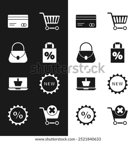 Set Shoping bag with percent discount, Handbag, Credit card, Shopping cart, basket on laptop, Price tag text New, Remove shopping and Discount icon. Vector