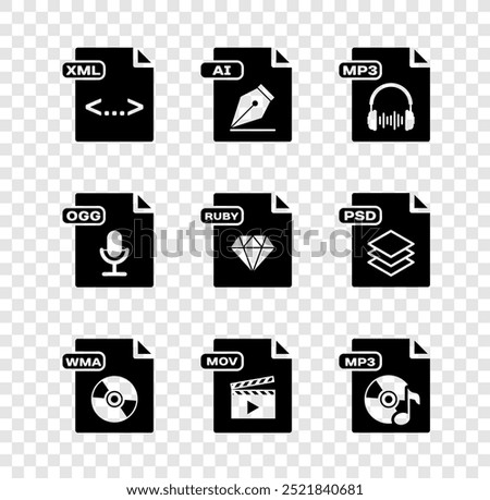 Set XML file document, AI, MP3, WMA, MOV, OGG and RUBY icon. Vector