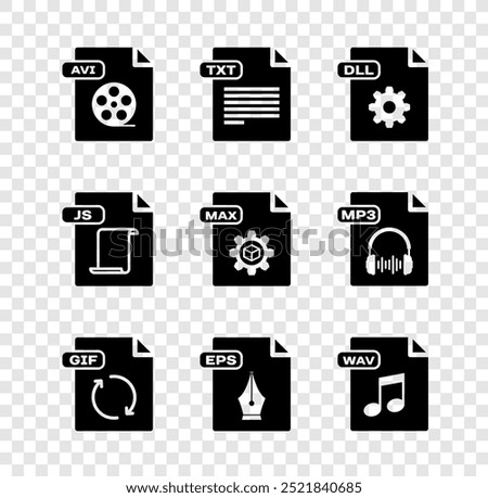 Set AVI file document, TXT, DLL, GIF, EPS, WAV, JS and MAX icon. Vector