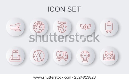 Set line Aircraft steering helm, Metal detector airport, Globe with flying plane, Clock, Pilot hat, Radar targets on monitor, Worldwide and Fuel tanker truck icon. Vector