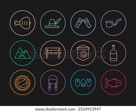 Set line Fish, Beer bottle, Glass of beer, Bench, Mountains, Chicken leg, Signboard with glass and Oktoberfest hat icon. Vector