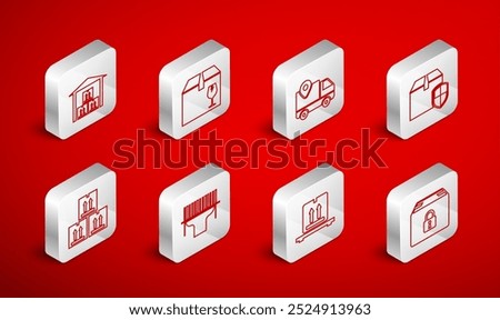 Set line Locked package, Delivery box with fragile content, tracking, security shield, Cardboard boxes pallet, Warehouse, Scanner scanning bar code and traffic icon. Vector