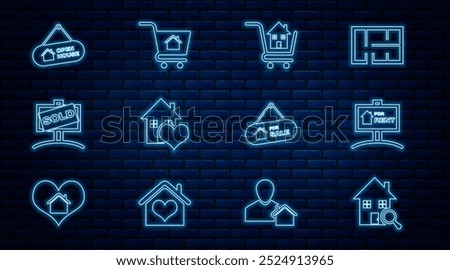 Set line Search house, Hanging sign with For Rent, Shopping cart, House heart shape, Sold, Open, Sale and  icon. Vector