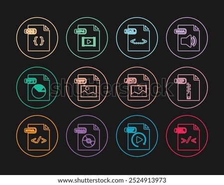 Set line XSL file document, ZIP, XML, TIFF, PPT, CSS, JPG and MP4 icon. Vector