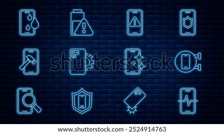 Set line Phone repair service, Mobile with exclamation mark, broken screen, Waterproof phone, Glass protector and Smartphone battery charge icon. Vector