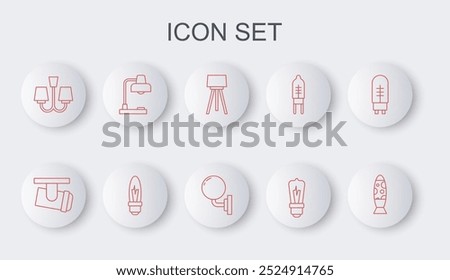 Set line Floor lamp, Led track lights and lamps, Light bulb, Chandelier, Table,  and Wall sconce icon. Vector