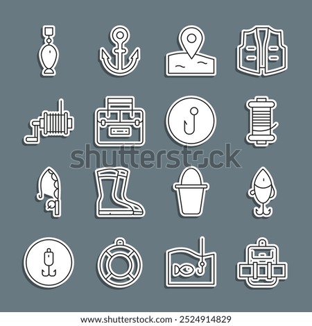 Set line Hiking backpack, Fishing lure, Spinning reel for fishing, Location, Case container wobbler, spoon and hook icon. Vector