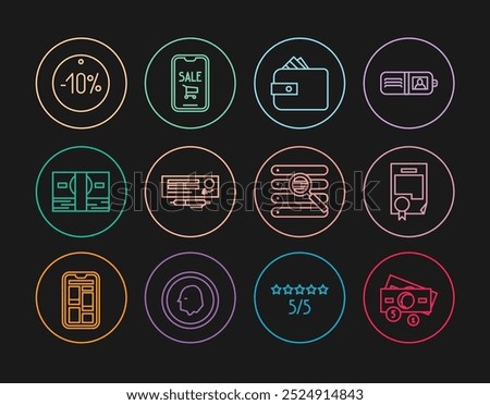 Set line Stacks paper money cash, Certificate template, Wallet with, Bank check and pen, Ten discount percent tag, Search in browser window and Mobile phone shopping cart icon. Vector