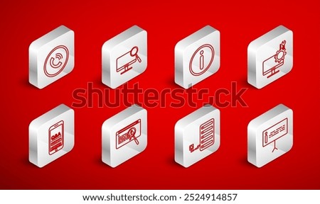 Set line Information, Computer monitor diagnostics, service, Server, Phone call, System bug concept and Mobile Question and Exclamation icon. Vector