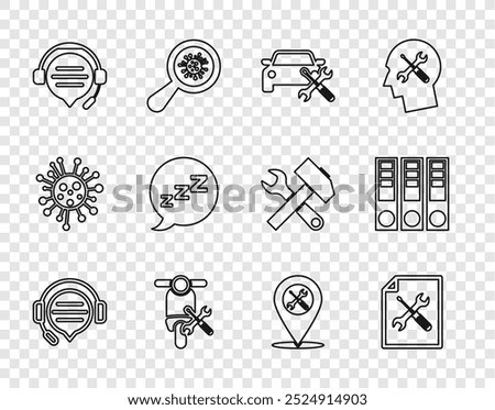 Set line Headphones with speech bubble chat, File document service, Car, Scooter, Speech snoring, Location and Office folders icon. Vector