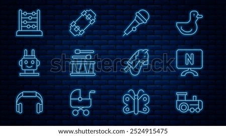 Set line Toy train, Smart Tv, Microphone, Drum with drum sticks, Robot toy, Abacus, horse and Skateboard icon. Vector