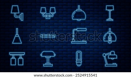 Set line Table lamp, Chandelier, Fluorescent, Wall sconce,  and  icon. Vector