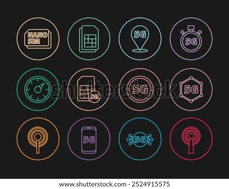 Set line Antenna, 5G network, Location, Sim Card, Digital speed meter, Nano,  and card icon. Vector