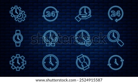 Set line Clock, Magnifying glass with clock, Wrist watch, Time Management, delete and 24 hours icon. Vector