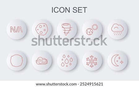 Set line Moon and stars, Tornado, Snowflake, Not applicable, Fog cloud and Water drop icon. Vector