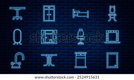 Set line Picture, Makeup mirror with lights, Bed, Window curtains, Big full length, Round table, Office chair and Wardrobe icon. Vector