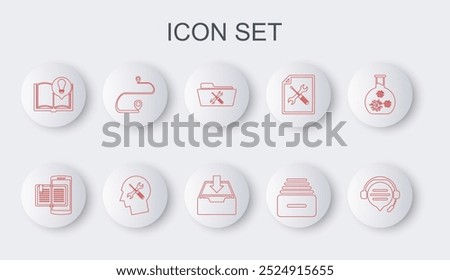 Set line Headphones with speech bubble chat, Smartphone and book, Folder service, Drawer documents, Interesting facts, Route location, Human head and Download inbox icon. Vector