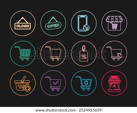 Set line Market store, Shopping cart with cursor, Mobile and shopping, Hanging sign Close, Discount percent tag and Open door icon. Vector