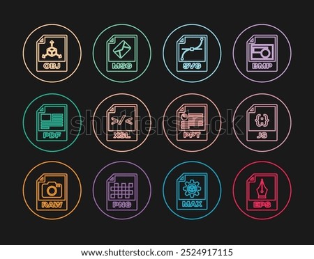 Set line EPS file document, JS, XSL, PDF, OBJ, PPT and MSG icon. Vector