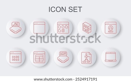 Set line Laptop, Binary code, Browser files, Flowchart, Processor with microcircuits CPU, window, MySQL and  icon. Vector