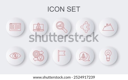 Set line Head with lamp bulb, Eye dollar, Magnifying glass and analysis, Startup project concept, Browser window, Human resources and Location marker icon. Vector