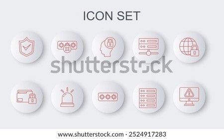 Set line Monitor with exclamation mark, Folder and lock, Human head, Server, Data, Web Hosting, Shield check, Password protection, Motion sensor and  icon. Vector