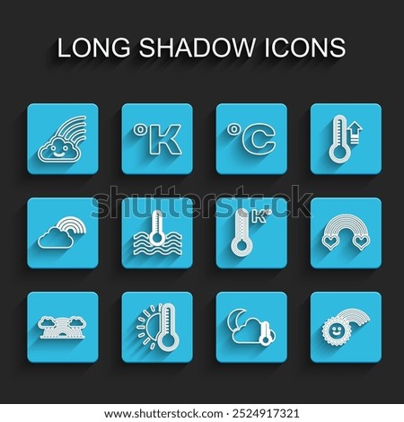 Set line Rainbow with clouds, Thermometer sun, and cloud, moon, Water thermometer, heart and Meteorology icon. Vector