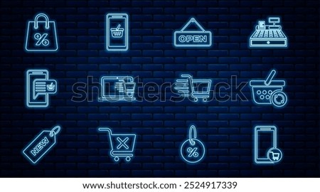 Set line Mobile and shopping cart, Refresh basket, Hanging sign with Open door, Shopping on laptop, bag percent,  and  icon. Vector