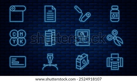 Set line Printer, Scissors, Paint roller brush, Pantone, CMYK color mixing, Roll of paper, Photo album gallery and File document icon. Vector