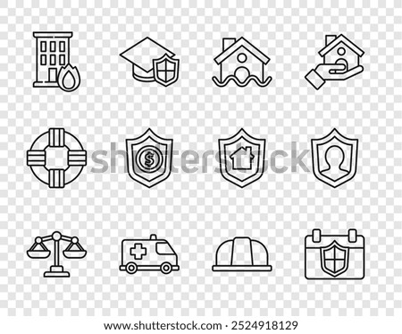 Set line Scales of justice, Calendar with shield, House flood, Emergency car, Fire in burning house, Shield dollar, Worker safety helmet and Life insurance icon. Vector